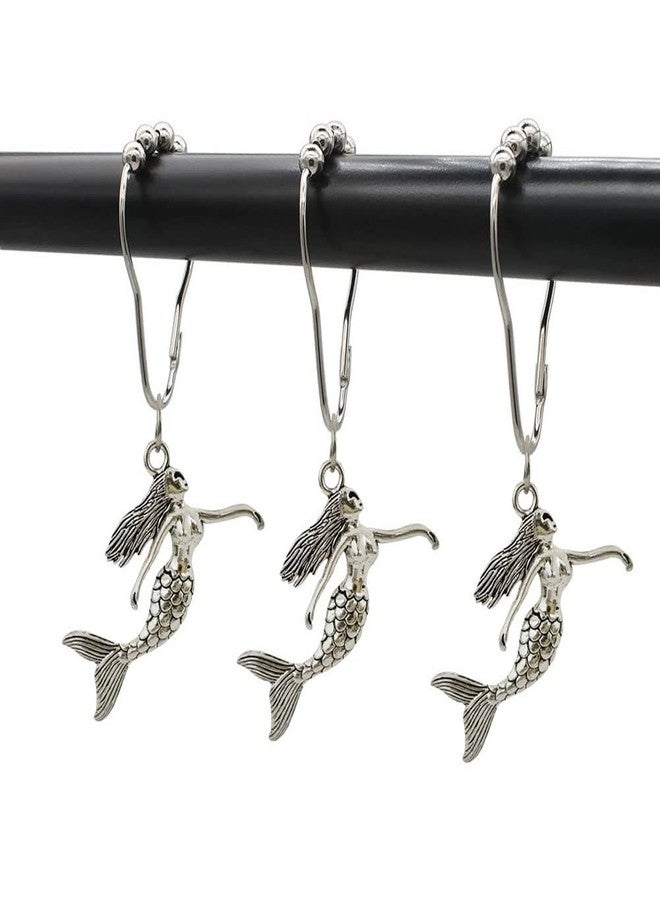 Mermaid Shower Curtain Hooks for Decorative Bathroom - Rust Proof Metal Stainless Steel Curtain Rings, Set of 12 Shower Hook with Ocean Silver Mermaid Beach Theme Decor Bathroom Shower Rod Curtain - Image 1