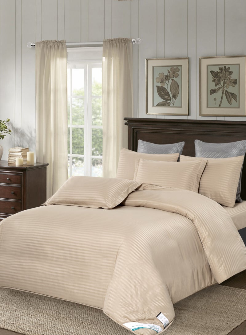 Donetella Duvet Set 6-Pcs King Size Striped Microfiber Bed Set With 1 Duvet Cover(220 x 240 CM) 1 Fitted Sheet 2 Pillow Sham And 2 Pillowcases(Without Filler),Beige  - Image 1