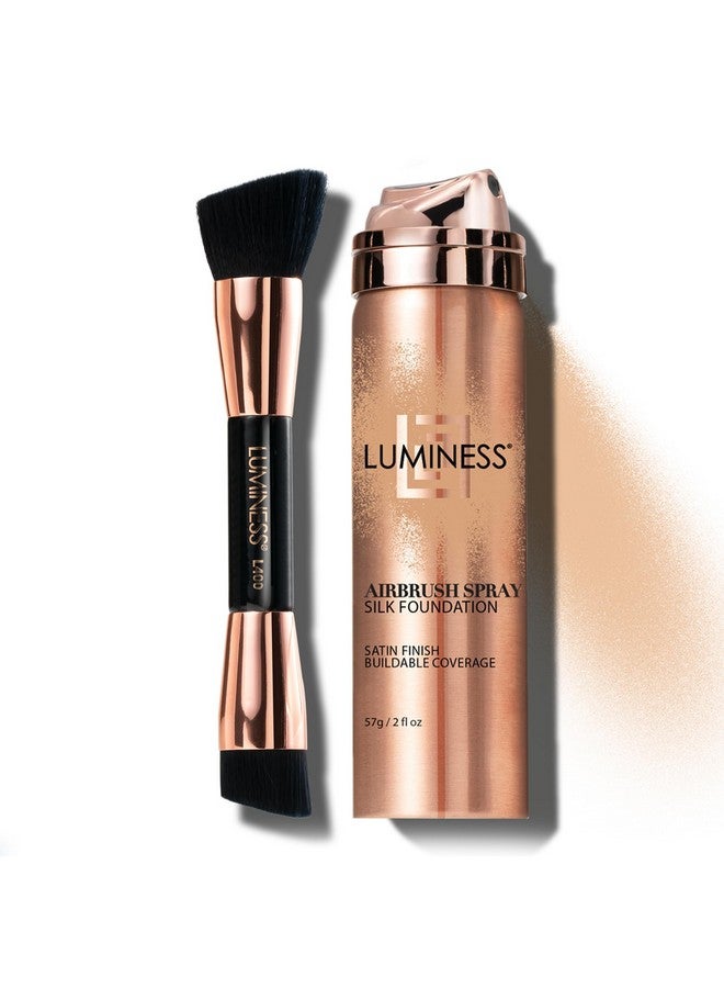 LUMINESS Silk Airbrush Spray Foundation & Buffing Brush Kit Full Coverage Foundation & Dual Sided Buffing Brush Buildable Coverage Anti Aging Formula Hydrates & Moisturizes (Shade Light Medium)  - Image 1