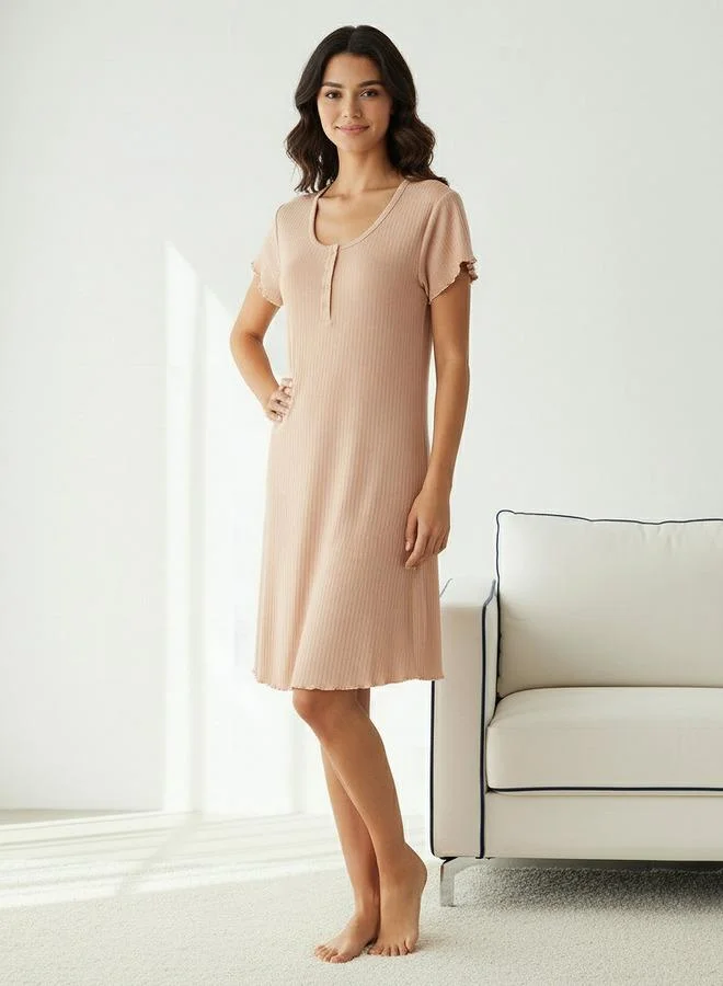 Splash FAV Night Dress with Short Sleeves and Ribbed Design