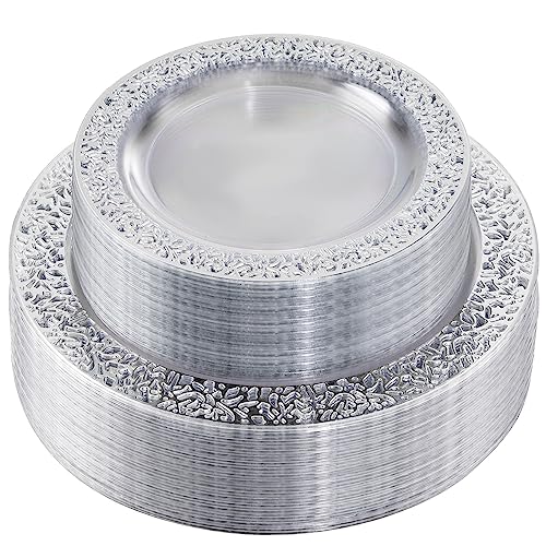 I00000 96pcs Silver Plastic Plates Clear With Silver Rim 48 Heavy Duty Dinner Plates 1025 Inch and 48 Dessert Plates 75 Inch Perfect for Party - Image 2