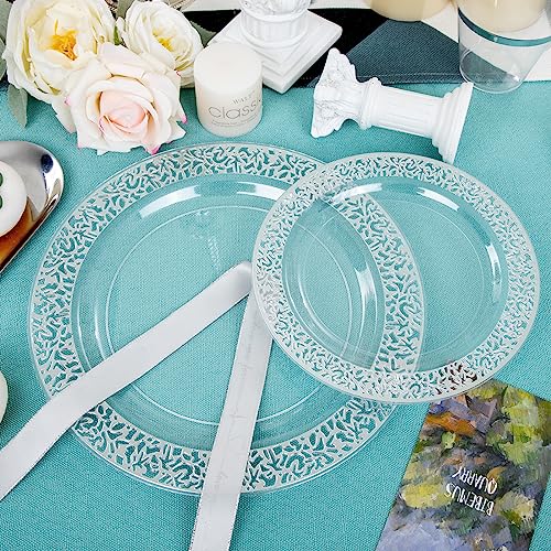 I00000 96pcs Silver Plastic Plates Clear With Silver Rim 48 Heavy Duty Dinner Plates 1025 Inch and 48 Dessert Plates 75 Inch Perfect for Party - Image 5