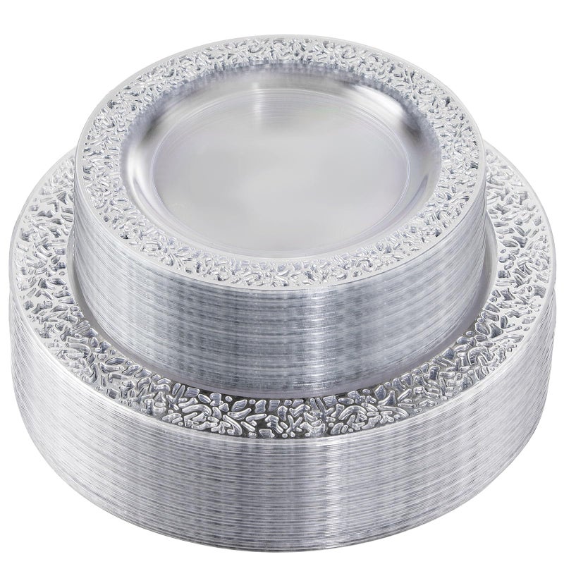 I00000 96pcs Silver Plastic Plates Clear With Silver Rim 48 Heavy Duty Dinner Plates 1025 Inch and 48 Dessert Plates 75 Inch Perfect for Party - Image 3