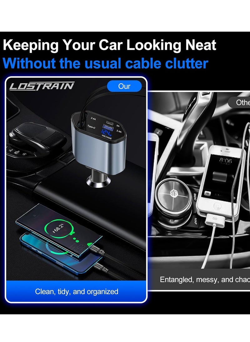 ELTRAZONE Retractable Car Charger – 4-in-1 Fast Car Phone Charger (2 Retractable Cables + 2 USB Ports) Type-C Adapter for iPhone, Samsung, Google, iPad & More - Image 4