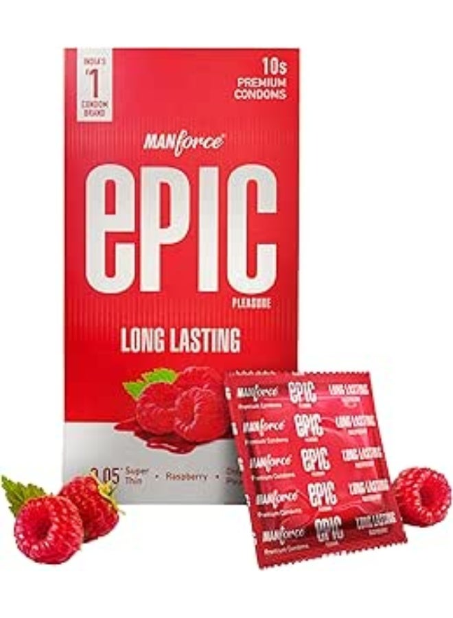 Manforce Epic Pleasure| Long Lasting, Pleasure for Both | Raspberry Flavour, 10 Pcs | With Disposable Pouch| Vegan | No Hard Chemicals| Super Thin| Lubricated Latex Condoms - Image 1