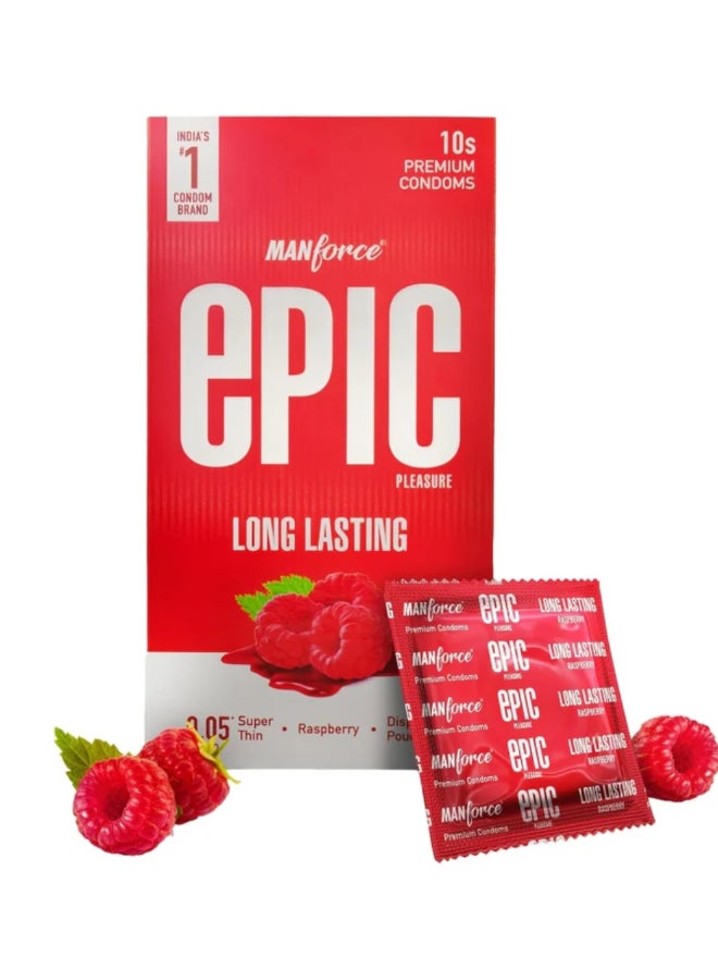 Manforce Epic Pleasure| Long Lasting, Pleasure for Both | Raspberry Flavour, 10 Pcs | With Disposable Pouch| Vegan | No Hard Chemicals| Super Thin| Lubricated Latex Condoms
