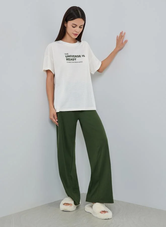 Styli Women White Printed T-Shirt and Straight Pyjama Set