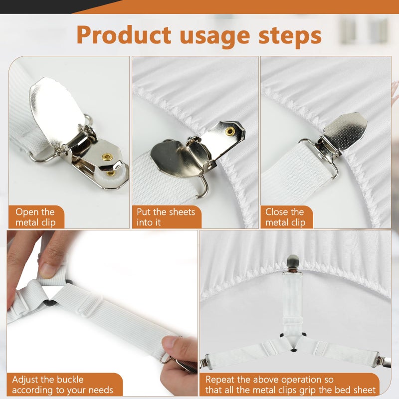 LKbeuuu 4PCS Bed Sheet Straps with Metal Clips, Adjustable Elastic Fitted Sheet Holders for Corners, Keep Bedding Wrinkle-Free, Easy to Install Durable Fasteners, Mattresses (White) - Image 4