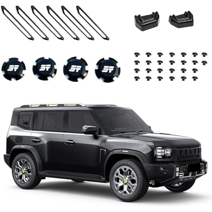 rayihni شريط إطار سقف سفر أسود غير لامع، أغطية محور، براغي جانبية للعجلات، أغطية خطافات الصدام الأمامي، متوافق مع موديلات Jetour T2 2023-2025 (أسود 38 قطعة) - Image 1