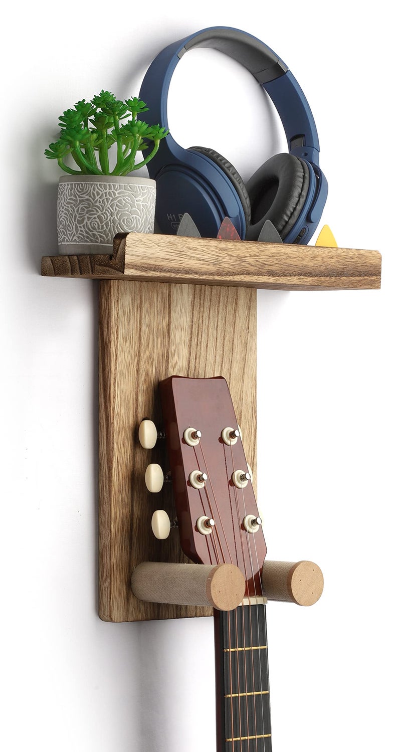 Keebofly Guitar Wall Mount Hanger with Rustic Wood Shelf Single Pack Wall Hook Rack for AcousticElectric Guitars Bass  Ukulele BrownPatented