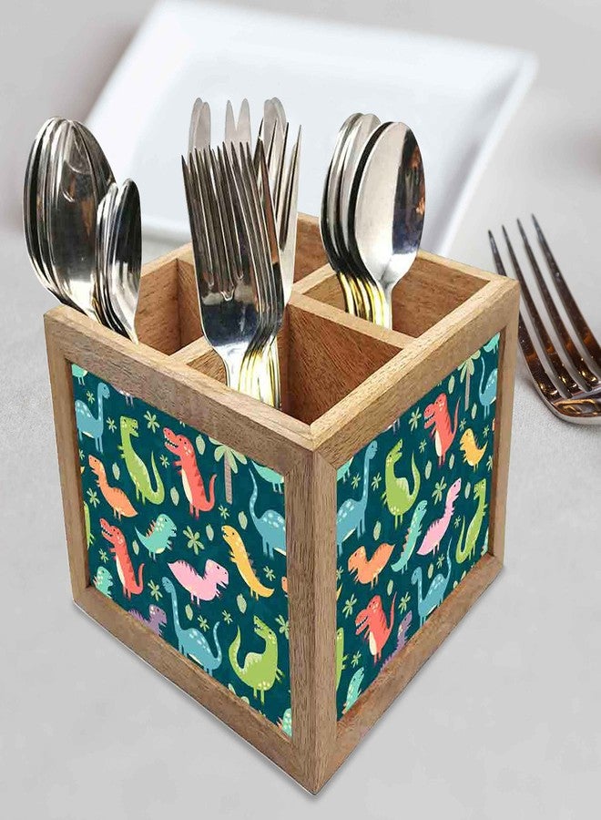 Nutcase Wooden Cutlery Stand Holder Silverware Caddy Spoons Forks Knives Organizer for Dining Table & Kitchen -Made in India-Spoons NOT Included - Sweet Dinosaurs - Image 2