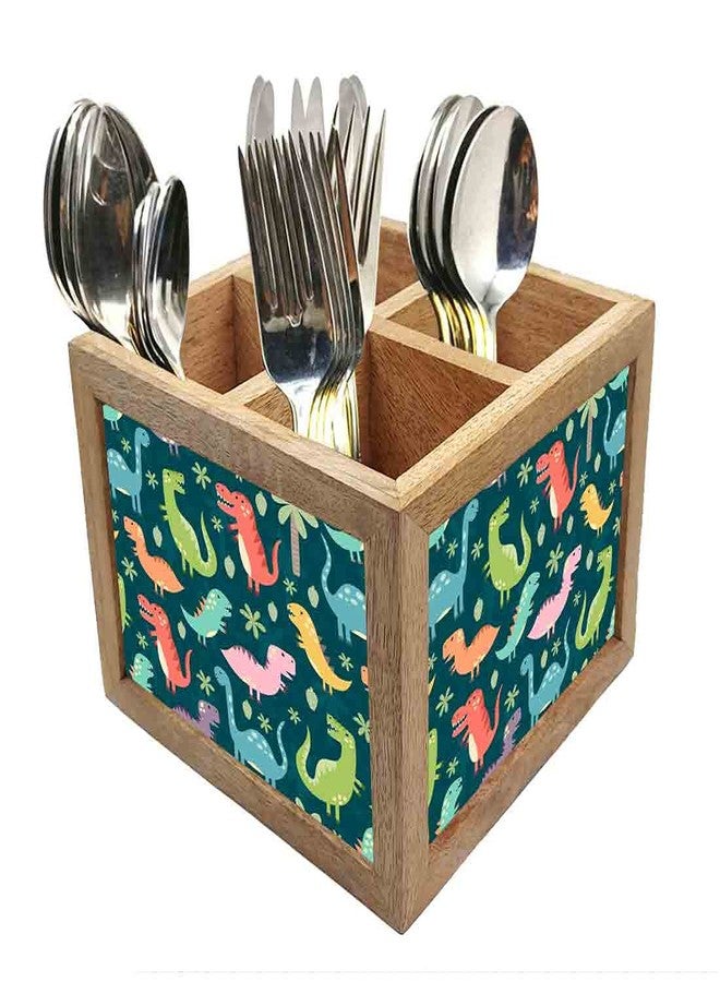 Nutcase Wooden Cutlery Stand Holder Silverware Caddy Spoons Forks Knives Organizer for Dining Table & Kitchen -Made in India-Spoons NOT Included - Sweet Dinosaurs - Image 1