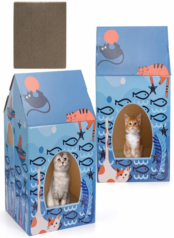 Lawei 2 Pack Cardboard Cat Houses with Scratch Pads, Sturdy Cats Play Scratching House for Indoor Hideaway Furniture, Cute Scratching Box Toy for Cat Birthday, Bunny Small Pet Bed, Easy Assembly - Image 1