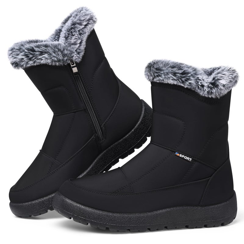 SHIBEVER Women's Snow Boots Winter: Waterproof Fur Lined Anti-Slip Ankle Booties Outdoor Comfortable Furry Women Snow Boot Black Size 8 - Image 1