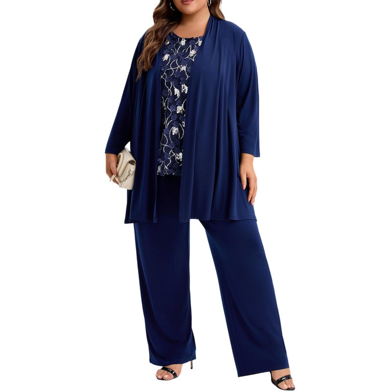 WTJIAPAI Plus Size Mother of the Bride 3 Piece Pantsuit Set with Embroidered Sequin Applique Vestfor Wedding Guest Outfit - Image 5