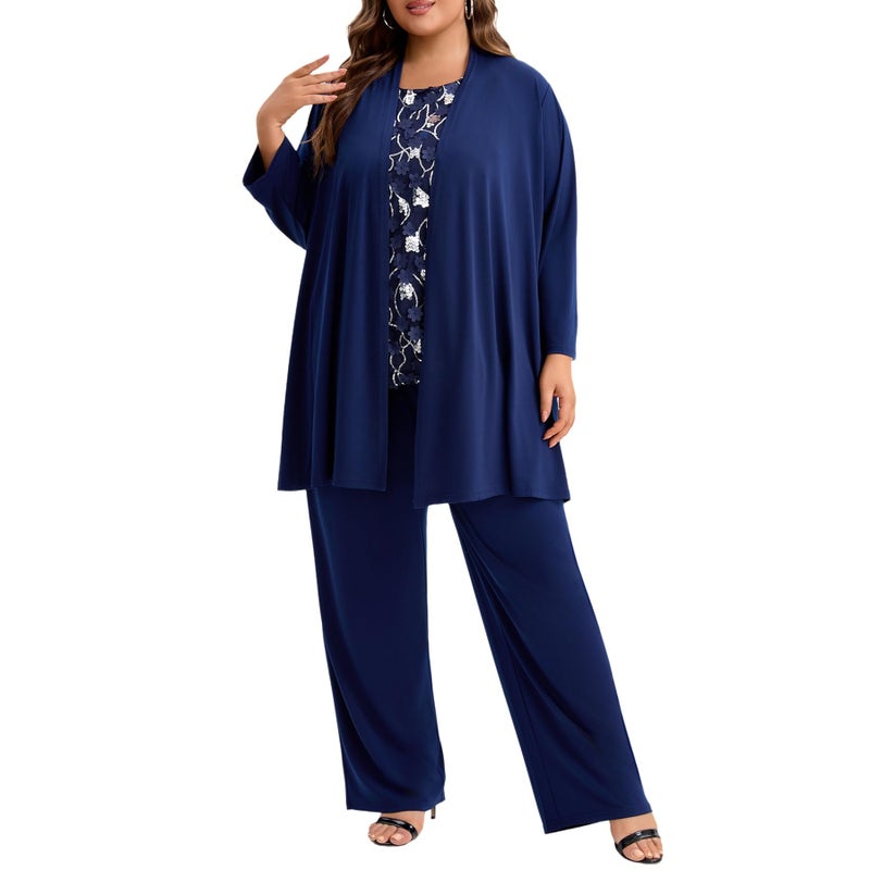 WTJIAPAI Plus Size Mother of the Bride 3 Piece Pantsuit Set with Embroidered Sequin Applique Vestfor Wedding Guest Outfit - Image 1