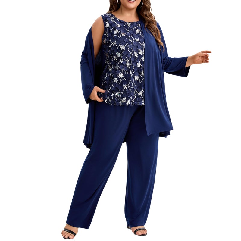 WTJIAPAI Plus Size Mother of the Bride 3 Piece Pantsuit Set with Embroidered Sequin Applique Vestfor Wedding Guest Outfit - Image 4