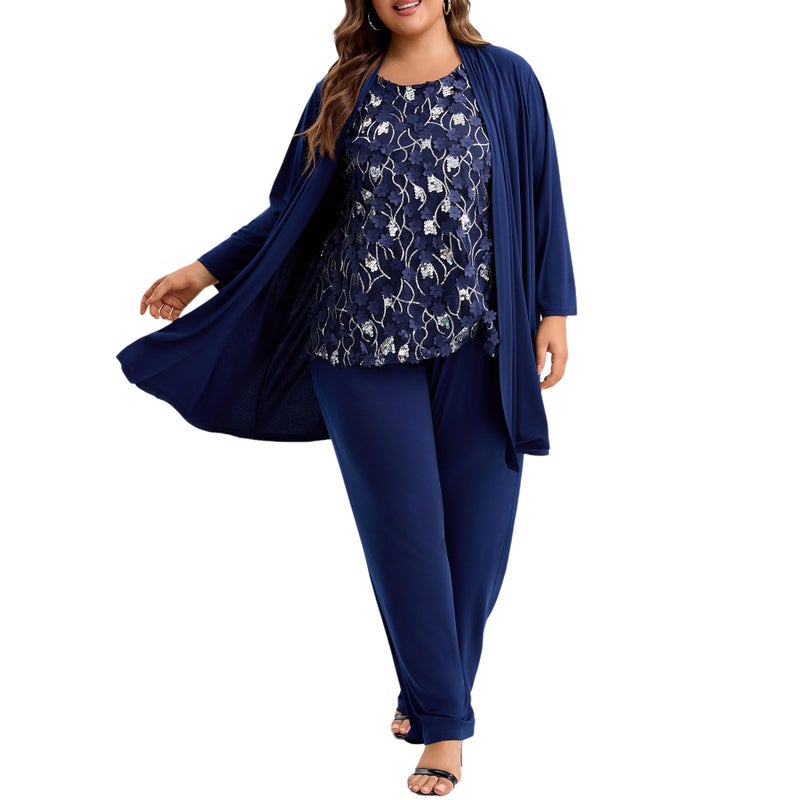 WTJIAPAI Plus Size Mother of the Bride 3 Piece Pantsuit Set with Embroidered Sequin Applique Vestfor Wedding Guest Outfit - Image 3