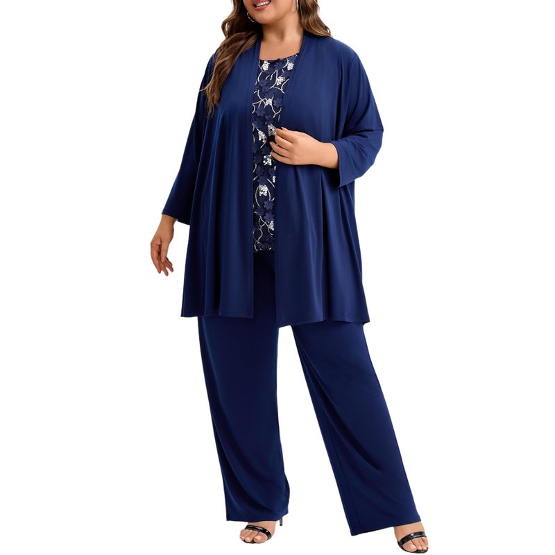 WTJIAPAI Plus Size Mother of the Bride 3 Piece Pantsuit Set with Embroidered Sequin Applique Vestfor Wedding Guest Outfit - Image 2