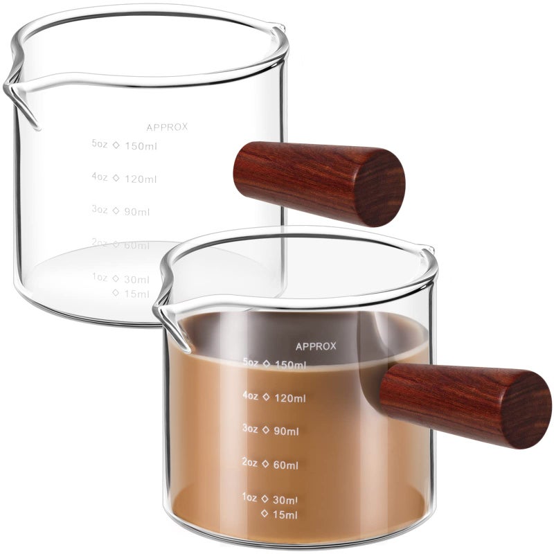 Zubebe Zubebe 2 Pack 150 Ml 5 oz Double Spouts Espresso Shot Glasses with Wood Handle Measuring Triple Pitcher Milk Cup Clear Espresso Measuring Cup Glass for Barista Coffee Measure 