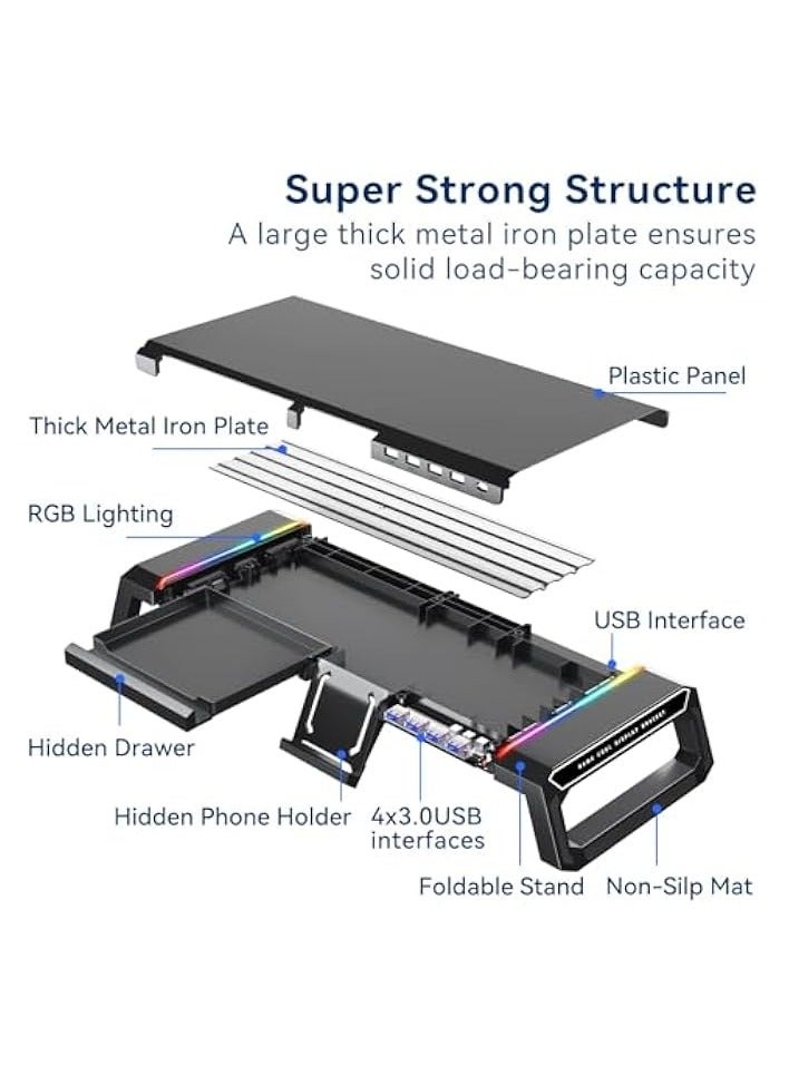 بروماس حامل شاشة كمبيوتر ألعاب RGB - 4 محاور USB 3.0، 3 أطوال قابلة للتعديل، رف مكتب للكمبيوتر المحمول مع درج تخزين وحامل هاتف لوحي، منظمات مكتبية لسطح المكتب والطابعة (أسود) - Image 2