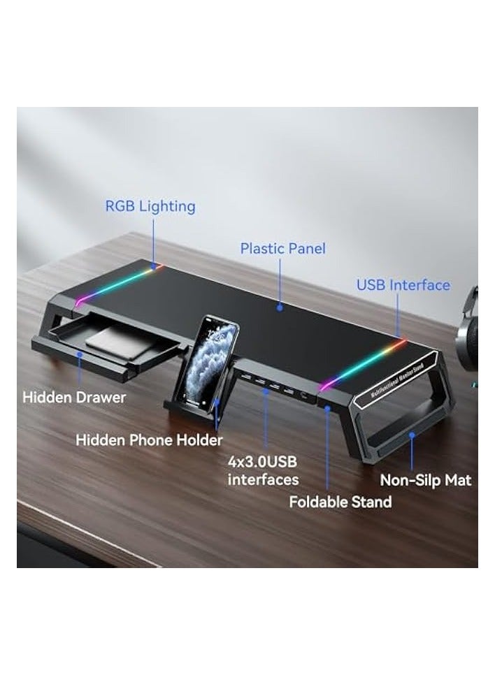بروماس حامل شاشة كمبيوتر ألعاب RGB - 4 محاور USB 3.0، 3 أطوال قابلة للتعديل، رف مكتب للكمبيوتر المحمول مع درج تخزين وحامل هاتف لوحي، منظمات مكتبية لسطح المكتب والطابعة (أسود) - Image 3