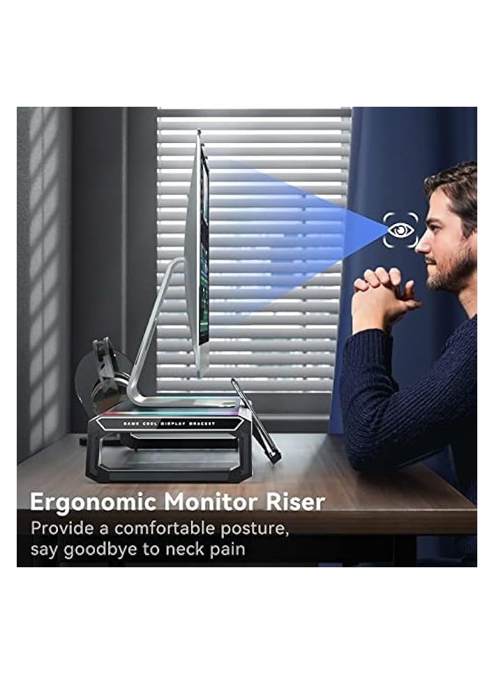 بروماس حامل شاشة كمبيوتر ألعاب RGB - 4 محاور USB 3.0، 3 أطوال قابلة للتعديل، رف مكتب للكمبيوتر المحمول مع درج تخزين وحامل هاتف لوحي، منظمات مكتبية لسطح المكتب والطابعة (أسود) - Image 5