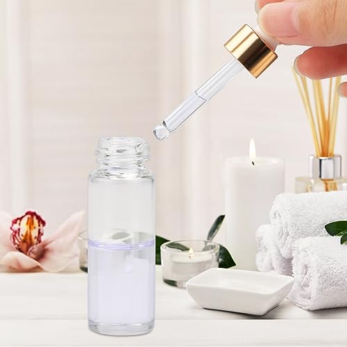 glasstore 15Pcs Glass Essential Oil Bottles Tiny Clear Perfume Dropping Bottle Refillable Cosmetic Sample Vials Pot with Gold Cap and White Latex (5ml) - Image 4