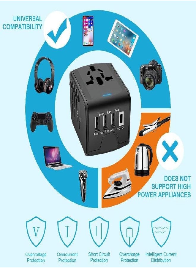 MC WHLZD Travel Adapter - Whzld International Travel Power Adapter W/High Speed 2.4A USB, 3.0A Type-C Wall Charger, European Adapter Travel Power Adapter Wall Charger for UK, EU, AU, Asia Covers 220+ (black 1)  - Image 5
