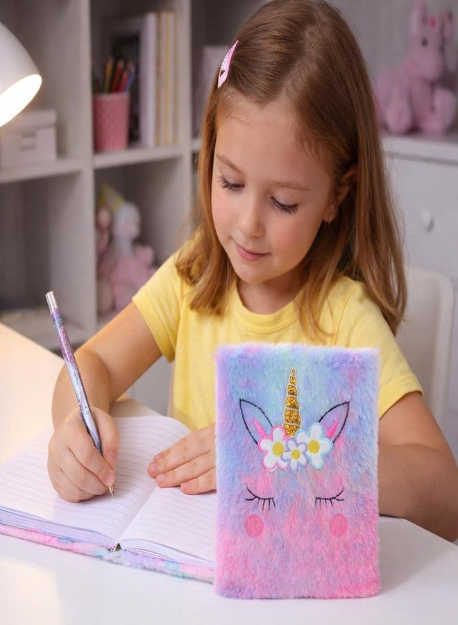 DTR Creation مفكرة يونيكورن قطيفة ناعمة للأطفال من دي تي آر كرييشن | دفتر ملاحظات فروي لطيف بحجم A5 | مفكرة بغلاف ناعم متعدد الألوان بتصميم فتاة جميل للكتابة والرسم والإهداء - Image 2