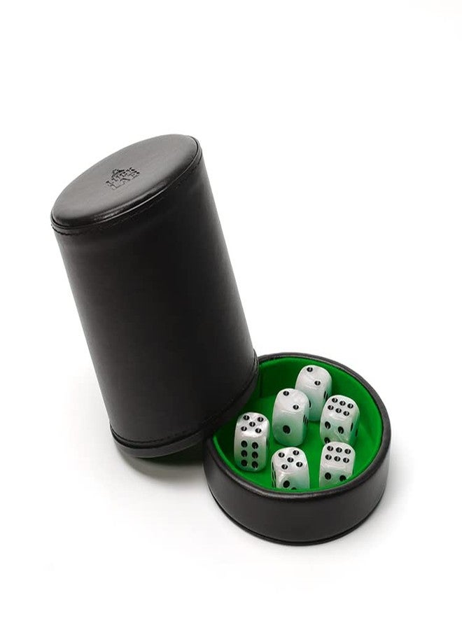 Luck Lab Black Leather Dice Cup with Lid Including 6 Matching Pearl Dice - Green Velvet Interior for Quiet Shaking - Use for Liars Dice Farkle Yahtzee Board Games - Image 2
