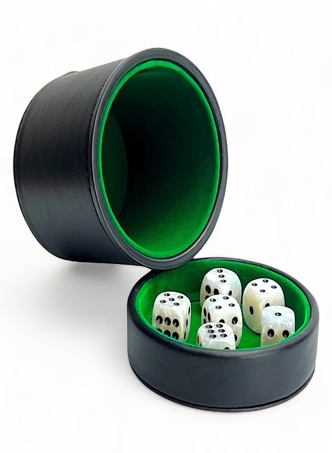 Luck Lab Black Leather Dice Cup with Lid Including 6 Matching Pearl Dice - Green Velvet Interior for Quiet Shaking - Use for Liars Dice Farkle Yahtzee Board Games - Image 1