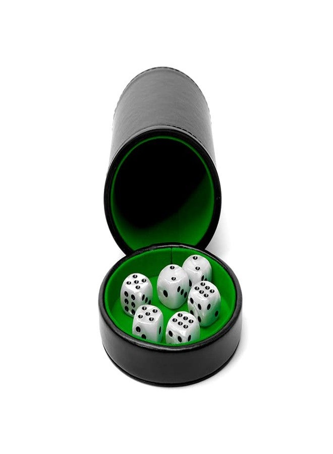 Luck Lab Black Leather Dice Cup with Lid Including 6 Matching Pearl Dice - Green Velvet Interior for Quiet Shaking - Use for Liars Dice Farkle Yahtzee Board Games - Image 3