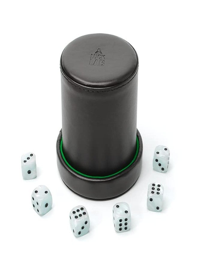 Luck Lab Black Leather Dice Cup with Lid Including 6 Matching Pearl Dice - Green Velvet Interior for Quiet Shaking - Use for Liars Dice Farkle Yahtzee Board Games - Image 5