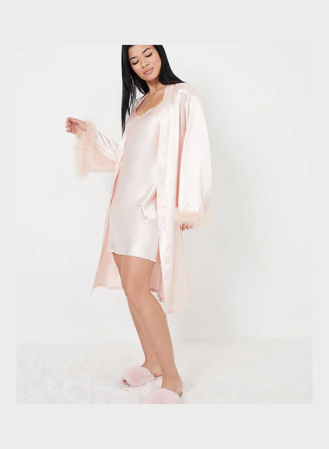 Styli Pack of 2 - Satin Cami and Marabou Trim Sleeves Robe