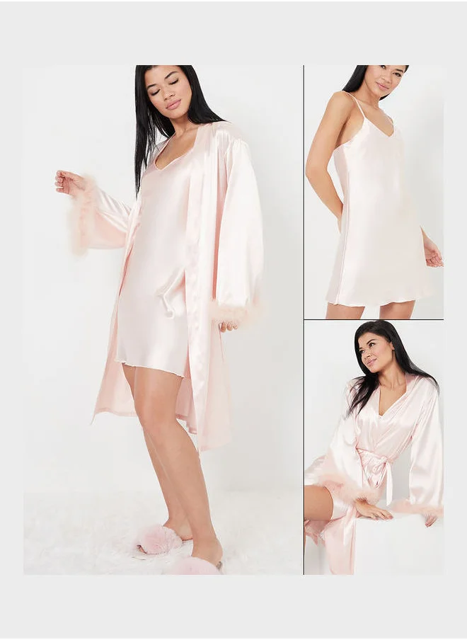 ستايلي Pack of 2 - Satin Cami and Marabou Trim Sleeves Robe