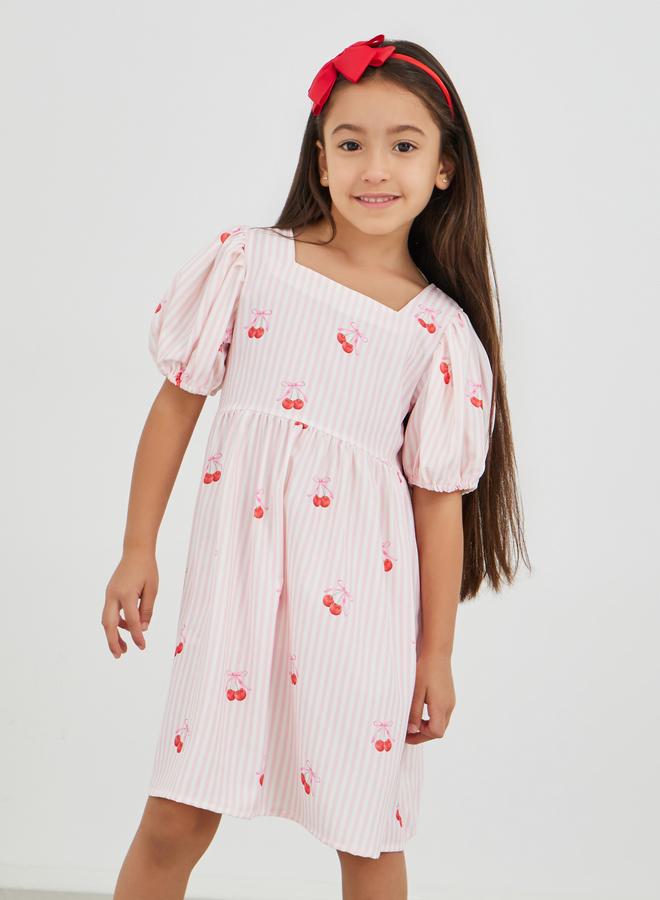 فستان ستيلى بطبعات الكرز المخططة