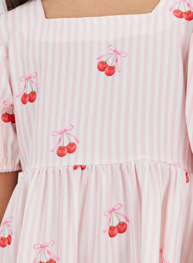 فستان ستيلى بطبعات الكرز المخططة