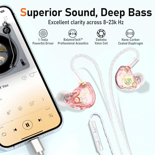 Audiovance Vibes 202MC USB-C Wired Earbuds - USBC HiFi in Ear Headphones for iPhone 17/16/15 - Noise Isolating Ear Buds w/ Mic - Clear Sound, Deep Bass & Comfort-Fit Earphones - Silver Plated Cord, Carrying Case - Image 3