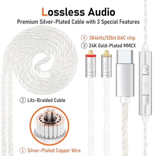 Audiovance Vibes 202MC USB-C Wired Earbuds - USBC HiFi in Ear Headphones for iPhone 17/16/15 - Noise Isolating Ear Buds w/ Mic - Clear Sound, Deep Bass & Comfort-Fit Earphones - Silver Plated Cord, Carrying Case - Image 4