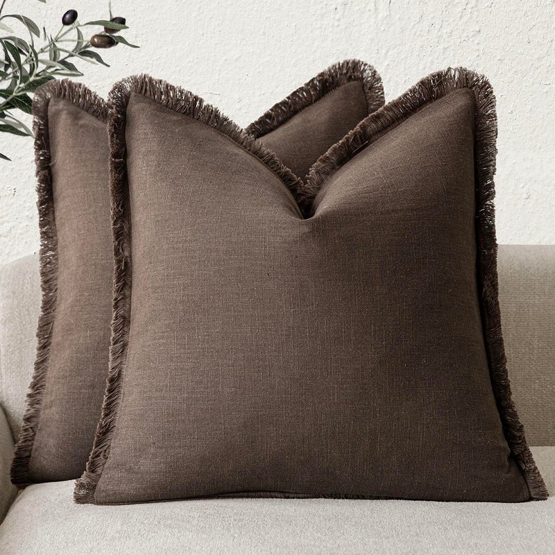 Foindtower Set of 2 Decorative Linen Fringe Throw Pillow Covers Boho Farmhouse Cushion Cover with Tassels Soft Accent Pillowcase for Couch Sofa Bed Living Room Home Decor1616 InchReddish Brown
