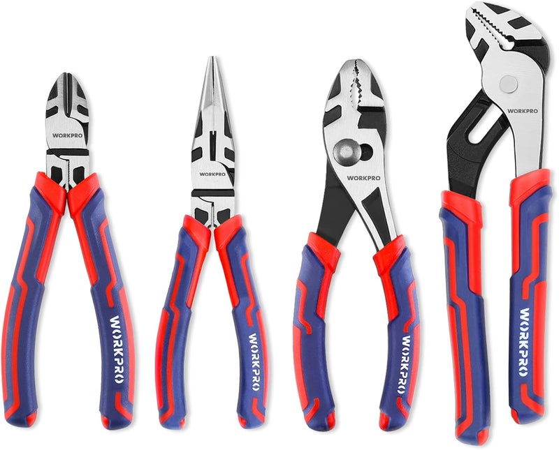 WORKPRO 4-Piece Pliers Set - Premium CR-V Construction Tool Set Including Long Nose, Diagonal Cutting, Groove Joint and Slip Joint Pliers - Red - Image 1