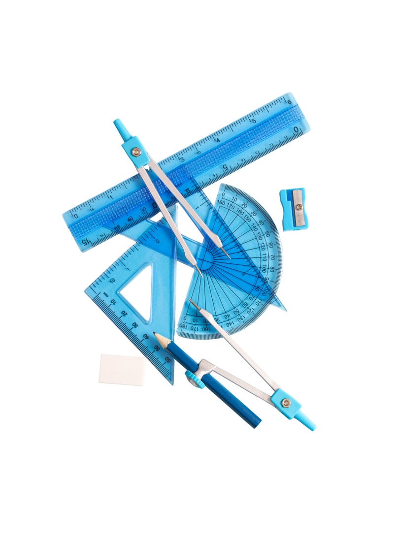 مجموعة أدوات هندسية مكونة من 10 قطع: بوصلة، منقلة، قلم رصاص، ممحاة، مبراة، مربع، مثلث، مسطرة، رصاص - Image 2