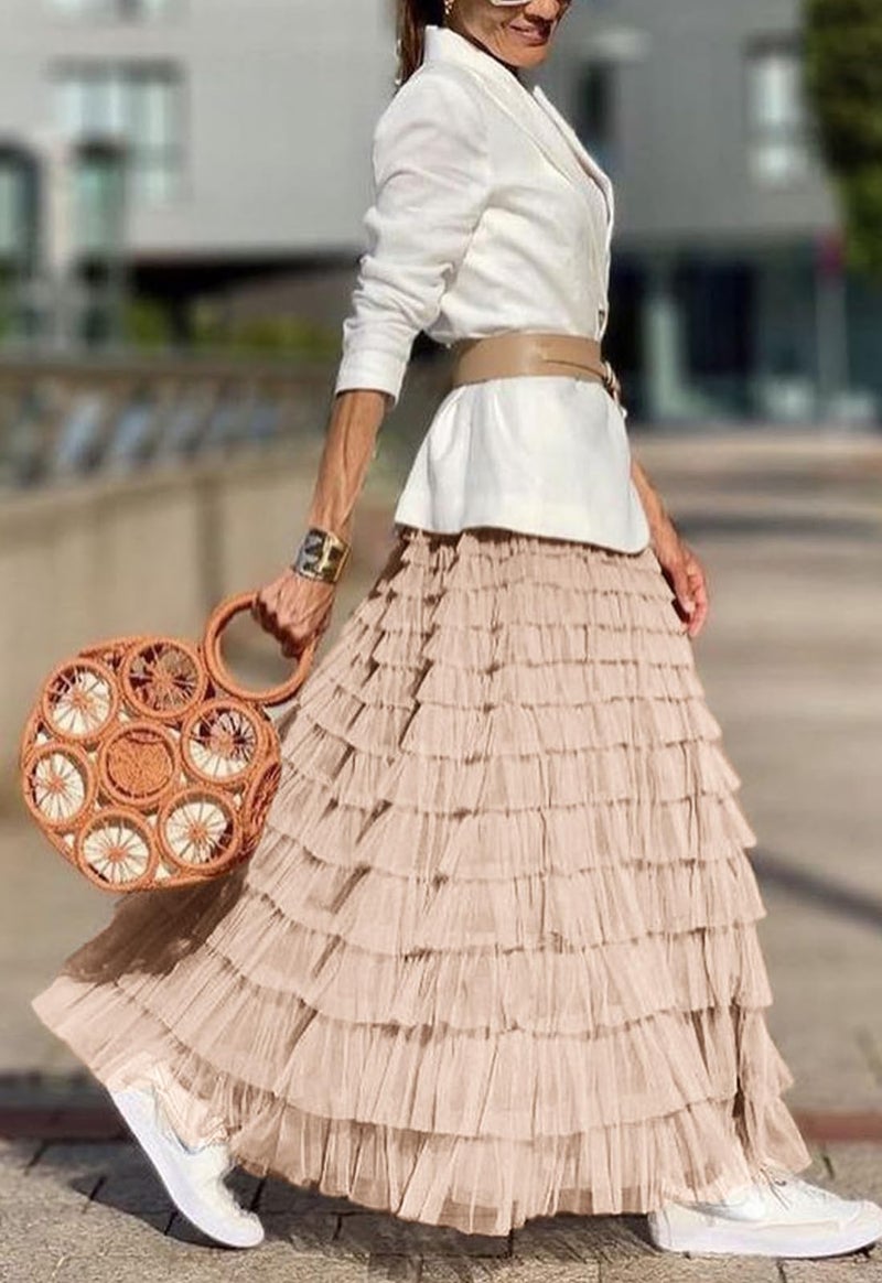 Flygo Women's Long Maxi Tulle Skirts A Line Ruffle High Waisted Tiered Layered Mesh Tutu Skirt Petticoat(Champagne-M) - Image 2