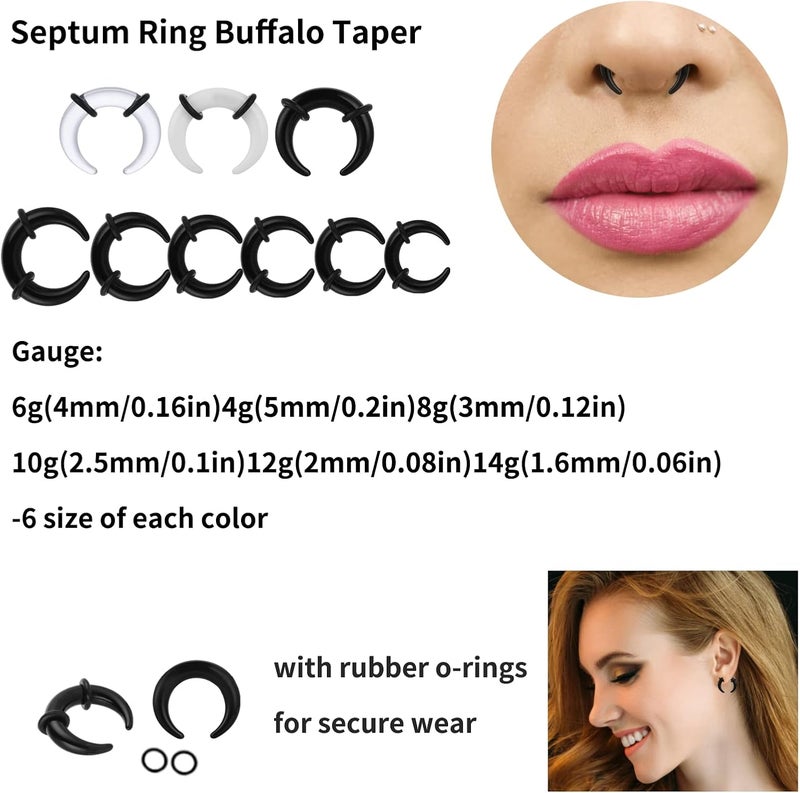 klarako 18Pcs Acrylic Pincher Tapers Septum Ring C Shape Buffalo Taper Expander with Black O-Rings Nose Piercing Jewelry (14G-4G) - Image 3