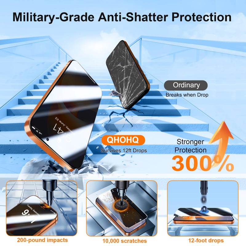 QHOHQ [1-Second Auto-Install] 3 Pack Privacy Screen Protector for iPhone 17 Pro Max [6.9 Inch] + 1 Set Camera Lens Protector, 25Â° Anti Spy Tempered Glass, [Military Grade Shatterproof], Case Friendly - Image 4