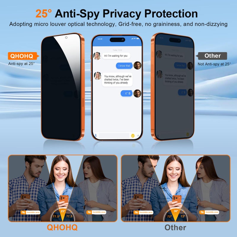 QHOHQ [1-Second Auto-Install] 3 Pack Privacy Screen Protector for iPhone 17 Pro Max [6.9 Inch] + 1 Set Camera Lens Protector, 25Â° Anti Spy Tempered Glass, [Military Grade Shatterproof], Case Friendly - Image 2
