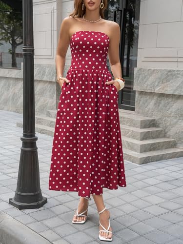 Wenrine Womens Polka Dot Strapless Dress Summer Smocked Tube Top Casual Sleeveless Long Flowy Maxi Dresses with Pokets - Image 2