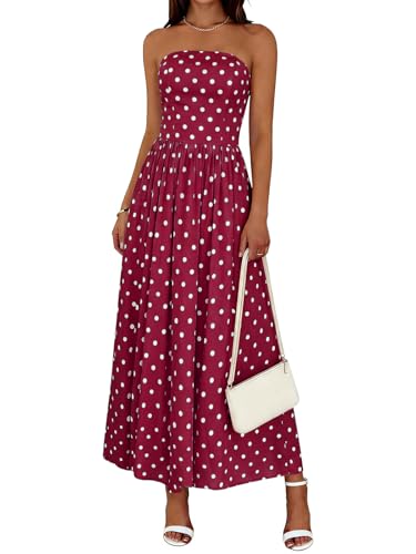 Wenrine Womens Polka Dot Strapless Dress Summer Smocked Tube Top Casual Sleeveless Long Flowy Maxi Dresses with Pokets - Image 1
