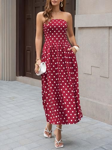 Wenrine Womens Polka Dot Strapless Dress Summer Smocked Tube Top Casual Sleeveless Long Flowy Maxi Dresses with Pokets - Image 5